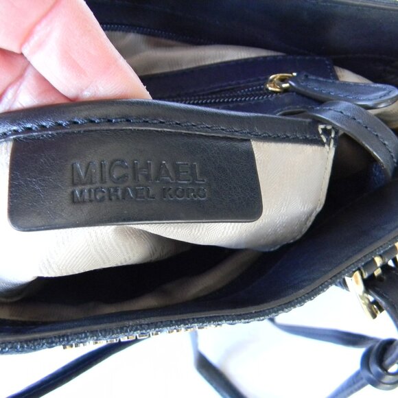 MICHAEL KORS JET SET NAVY BLUE DOUBLE POCKET TOTE SHOULDER BAG PURSE MK LOGO - Picture 9 of 9
